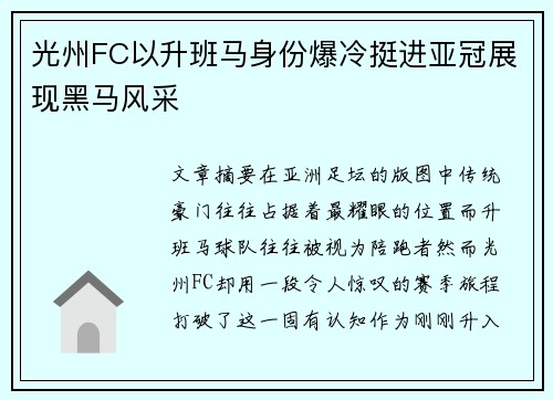 光州FC以升班马身份爆冷挺进亚冠展现黑马风采