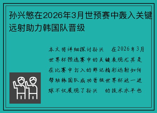孙兴慜在2026年3月世预赛中轰入关键远射助力韩国队晋级